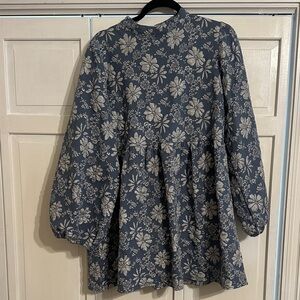 Blue Floral Long-Sleeve Tiered Dress